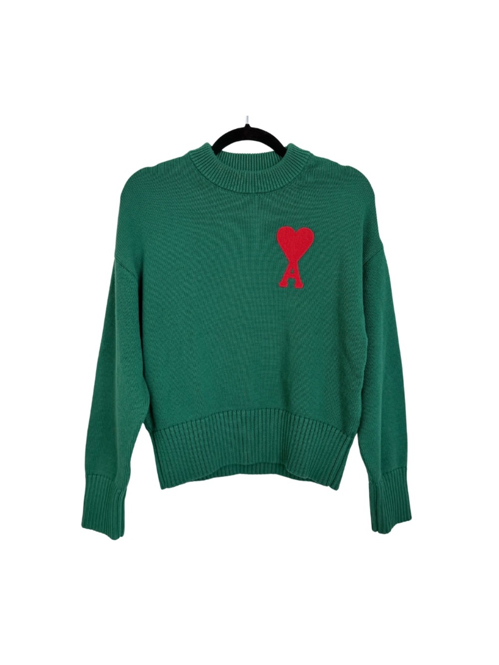 AMI Green Crewneck Sweater with Red Heart 'A' Patch